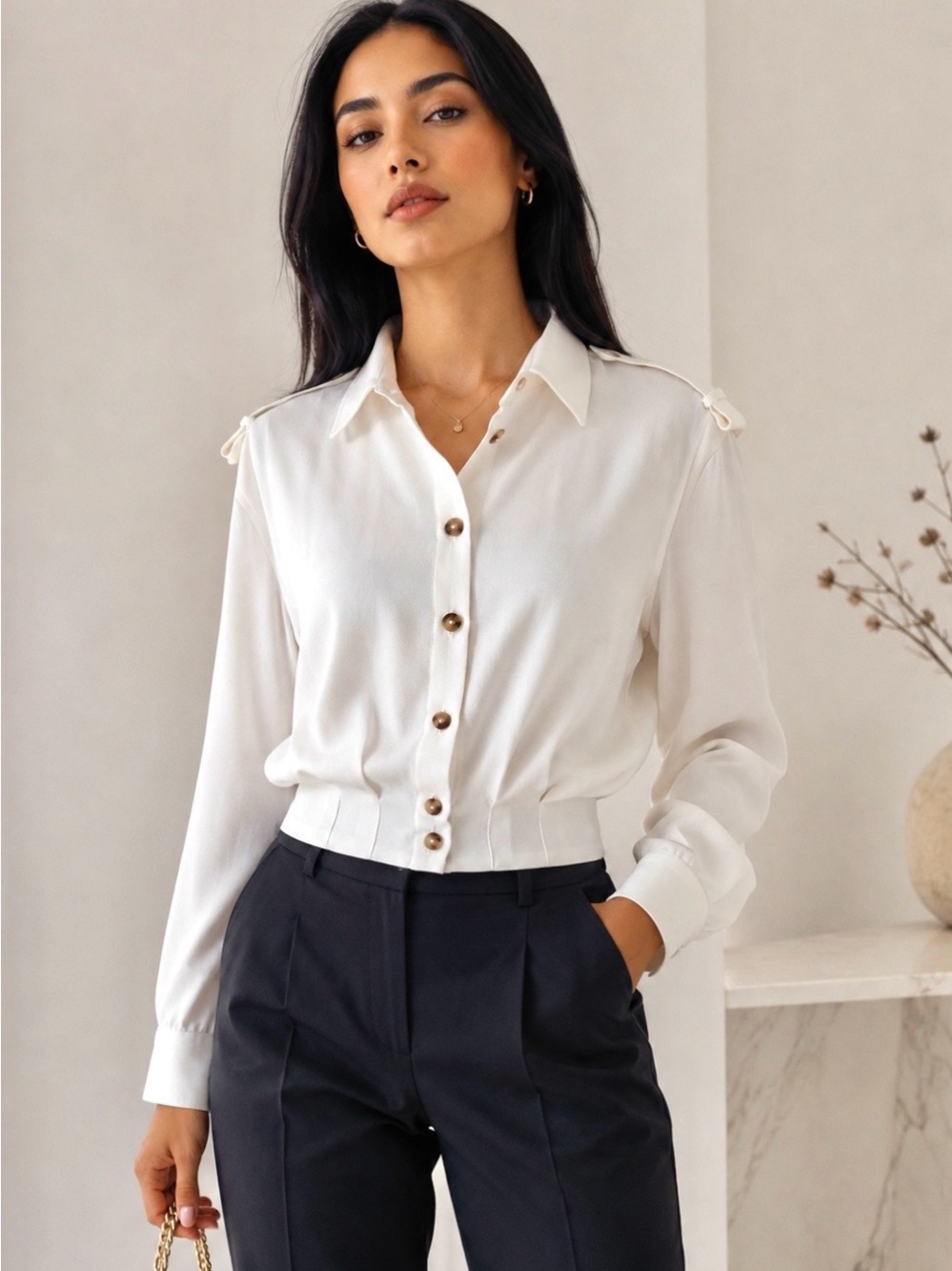 NWT ZARA White Cropped Button Front Blouse with Shoulder Tabs Size M
